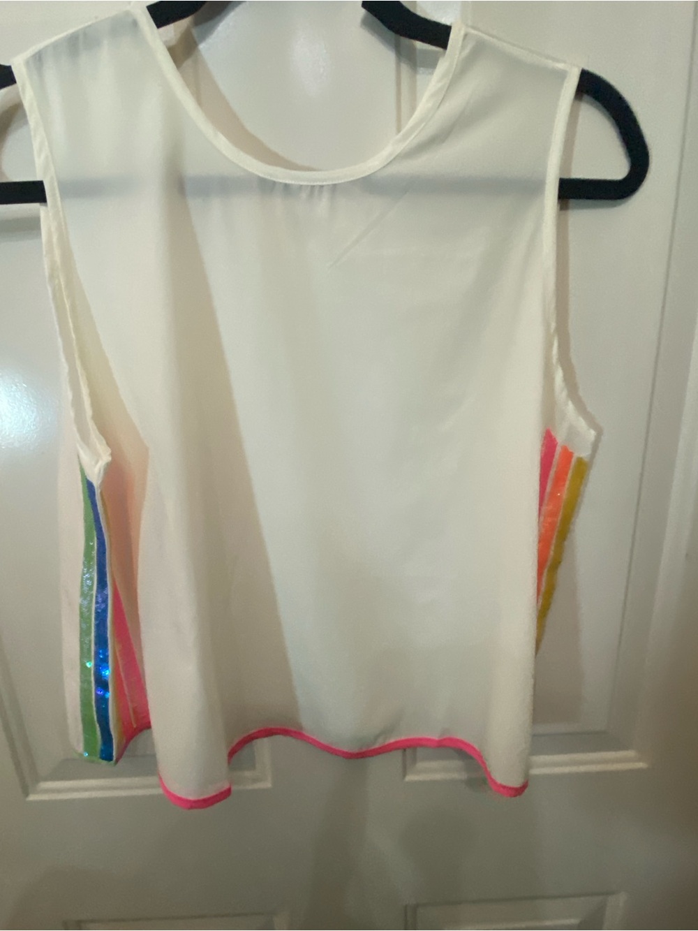 QUEEN OF SPARKLES White Tank Top with Neon Trim and Rainbow Stripes NWOT